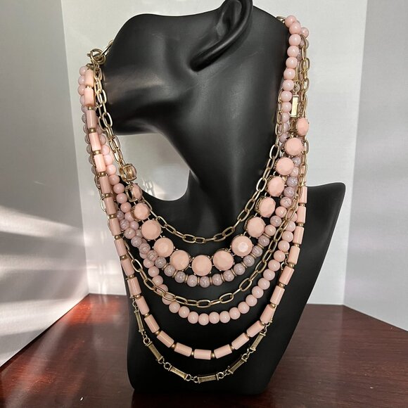 Peach / Light Pink Mixed Metal & Beaded Statement Necklace REALLY CUTE! - Picture 3 of 4